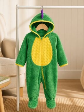 Plush Green and Yellow Dino Hooded Jumpsuit for Kids Dragon
